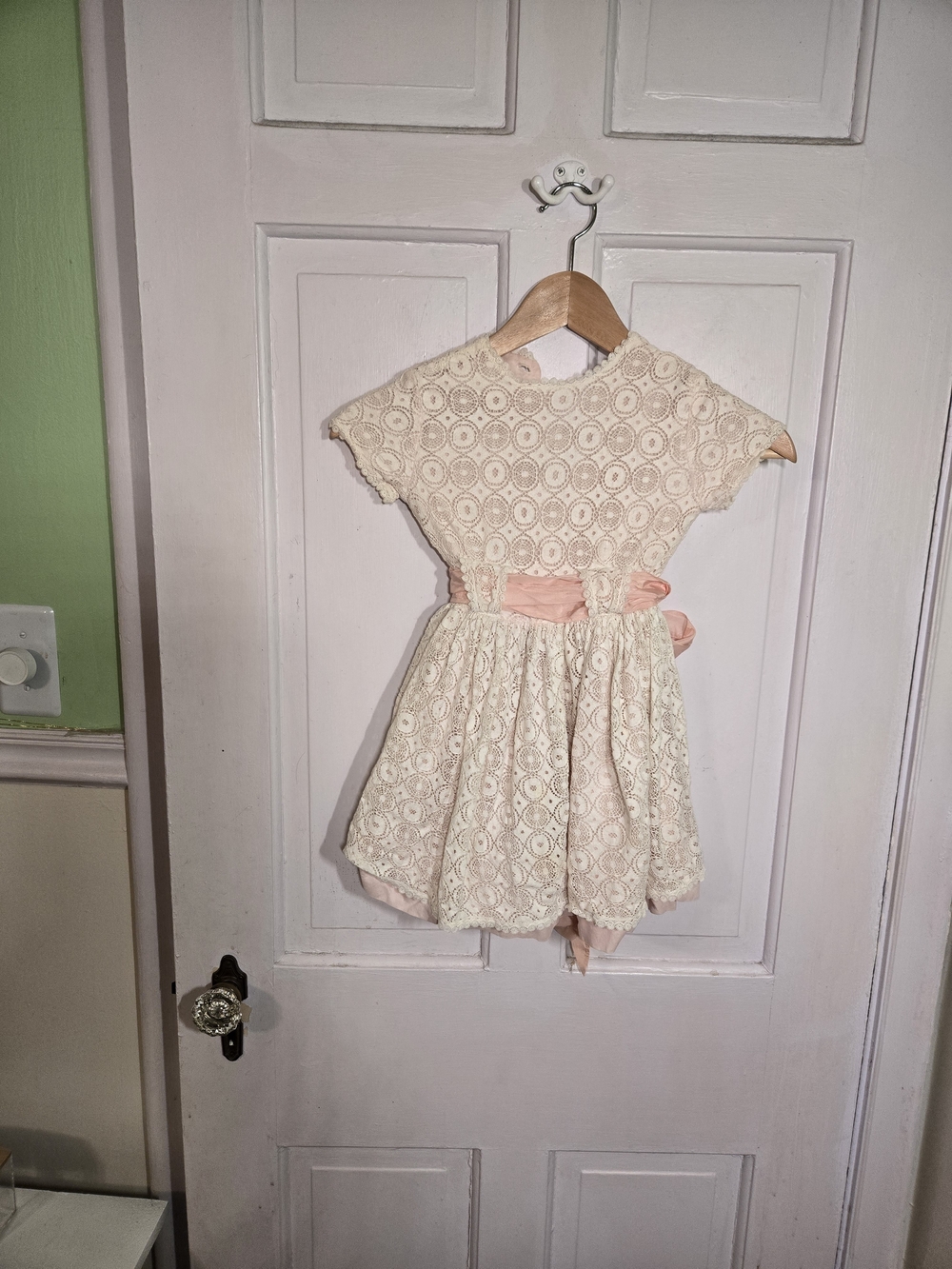 Vintage 1950s Saks Fifth Avenue Cream Lace Girls Dress with Pink Sash